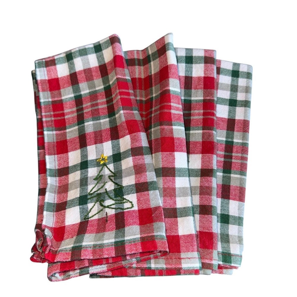 Hand Embroidered Christmas Plaid Napkins